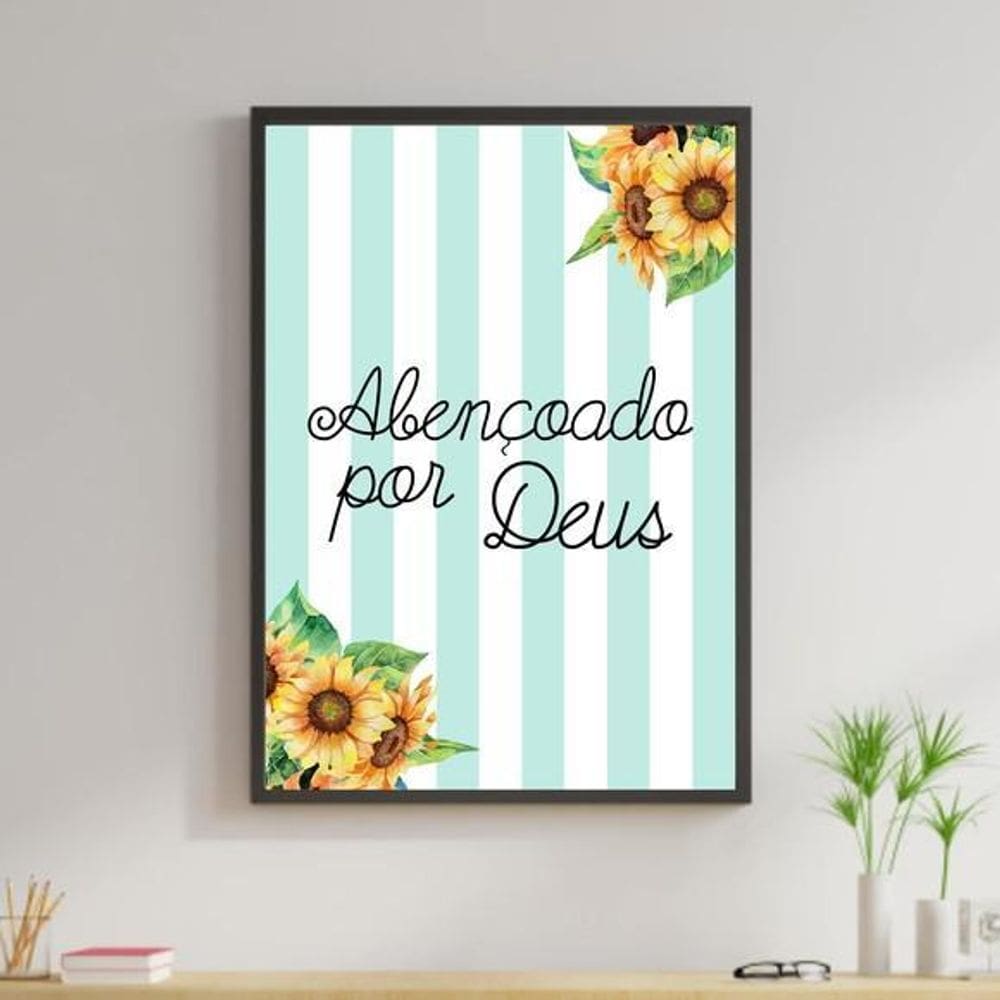 Quadro Abençoado Por Deus Girassol 45X34Cm Moldura Preta