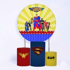 Kit Painel de Festa Redondo de 1,50m e Trio de Cilindros Liga da Justiça - Fera Print