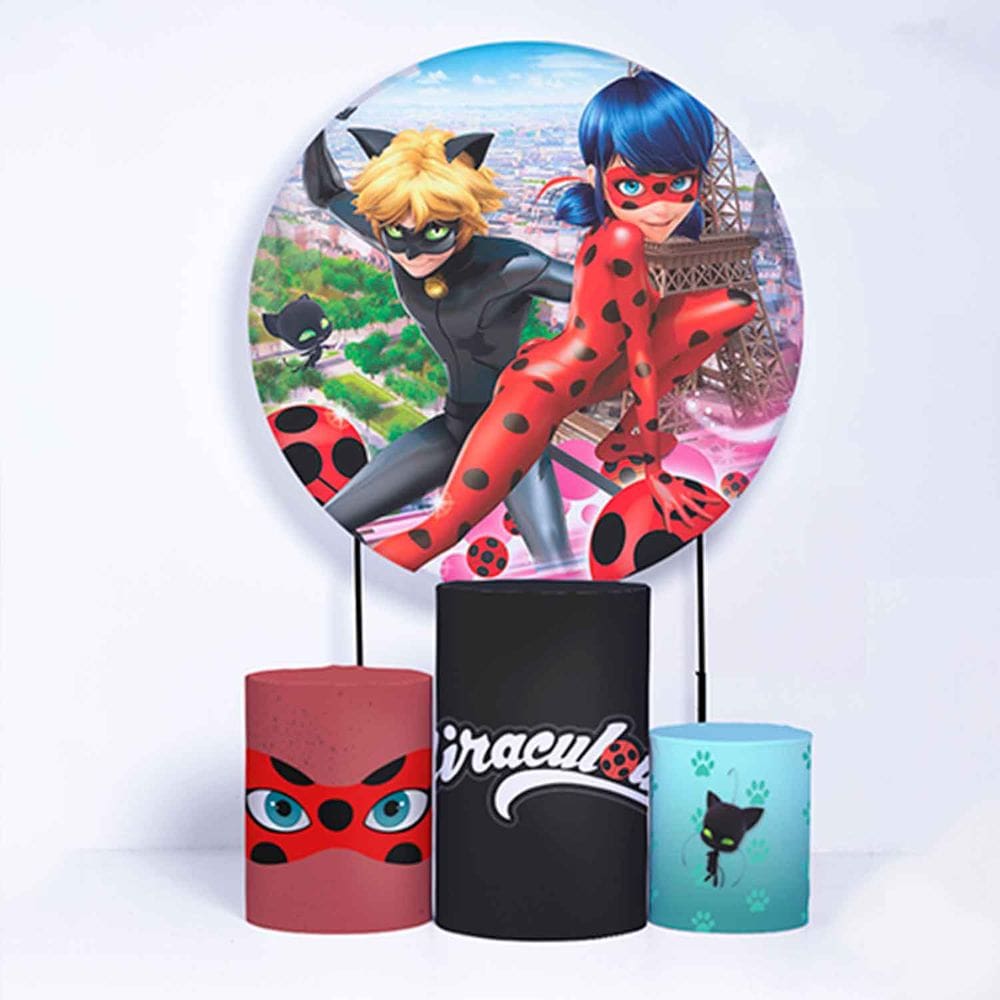 Kit Painel de Festa Redondo de 1,50m e Trio de Cilindros Heroína Vermelha - Fera Print