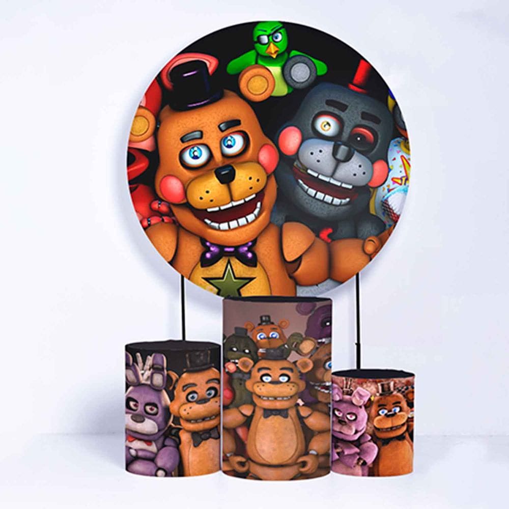 Kit Painel de Festa Redondo de 1,80m e Trio de Cilindros Five Nights - Fera Print