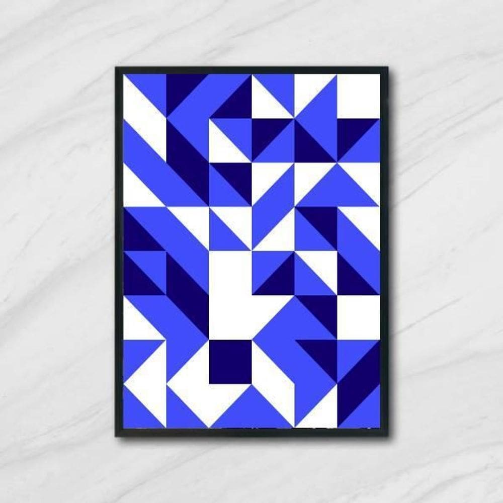 Quadro Geométrico Azul E Branco Ii 45X34Cm Com Vidro Preta