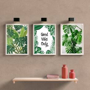 Kit 3 Quadros Folhagens Good Vibes Only 33X24 C/Vidro Branca