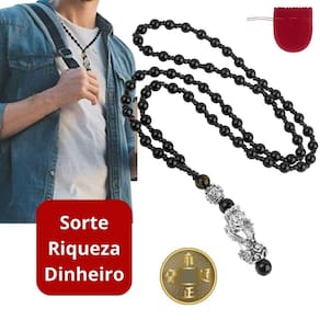 Colar Preto E Prata Riqueza Feng Shui Pixiu Amuleto Sorte