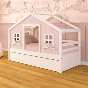 Bicama Casinha dos Sonhos Madeira Maciça Rosa/ Branco Megamobilia