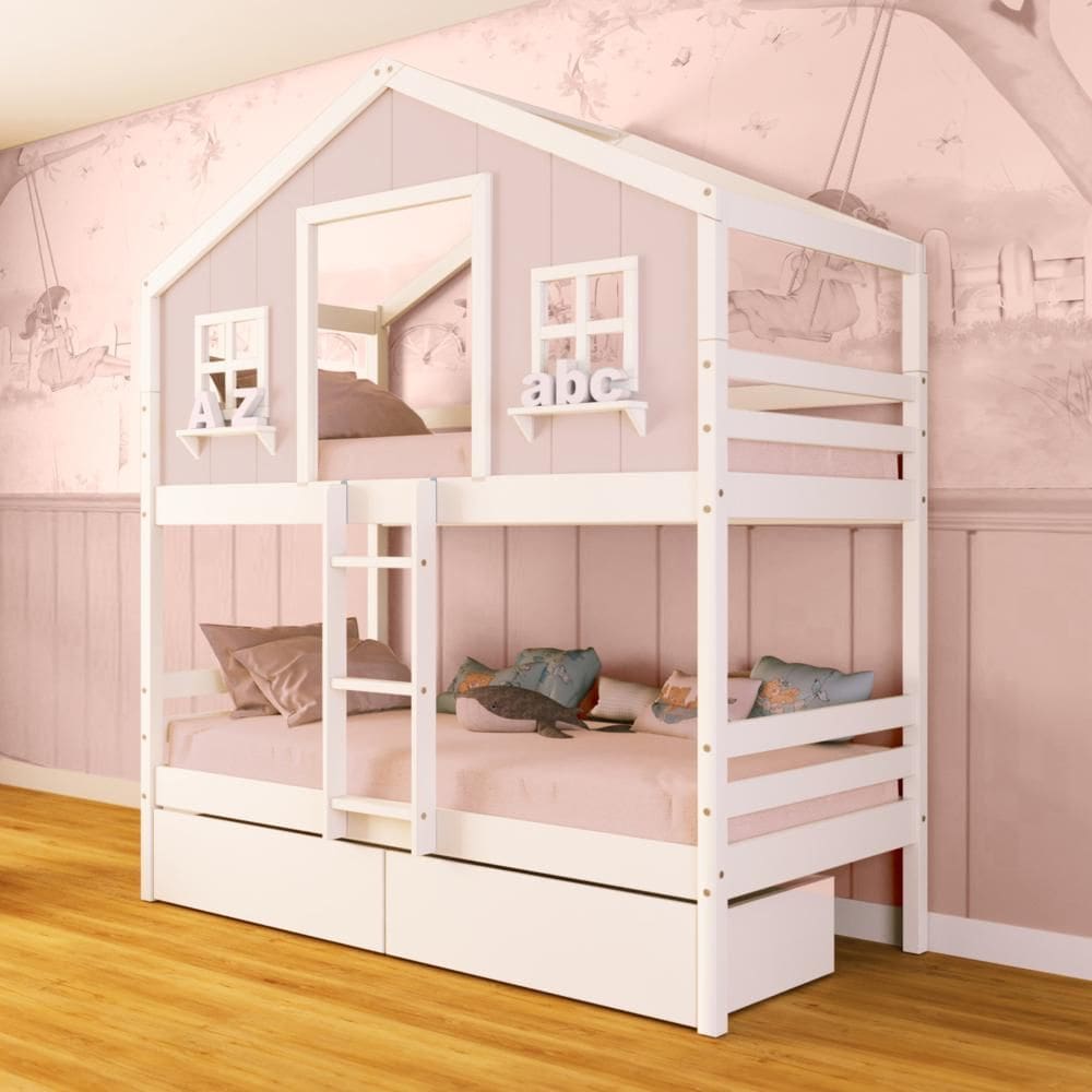 Beliche Casinha dos Sonhos com 02 Gavetas Madeira Maciça Rosa/ Branco Megamobilia