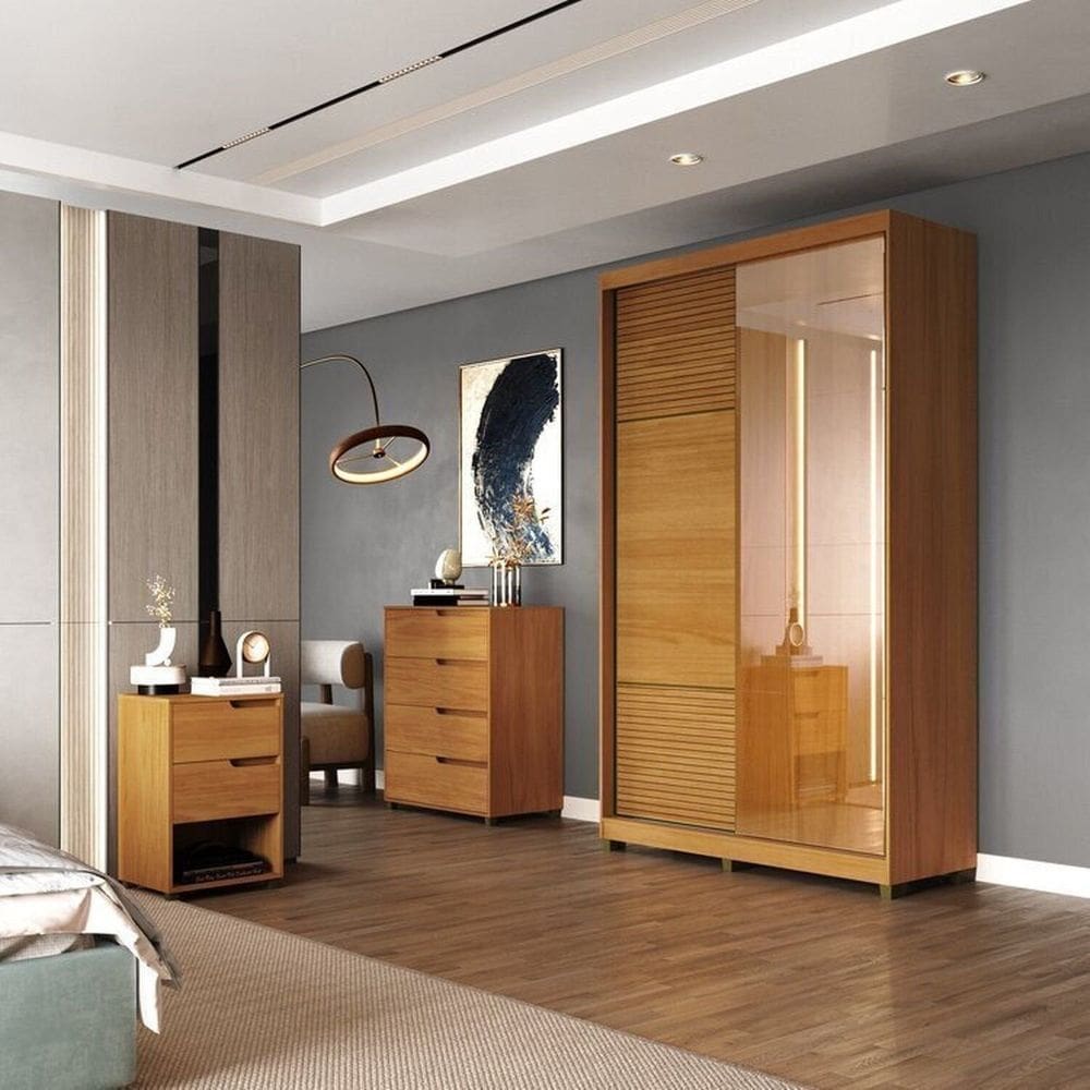 Quarto Solteiro com Guarda-Roupa 2 Portas de Correr, Cômoda e 1 Mesa de Cabeceira Thales Marrom