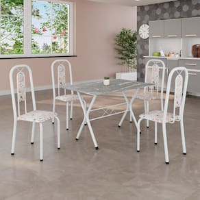 Conjunto de Mesa Tubular 100x60cm Tampo em Granito com 4 Cadeiras Lívia Botanic Bege / Branco