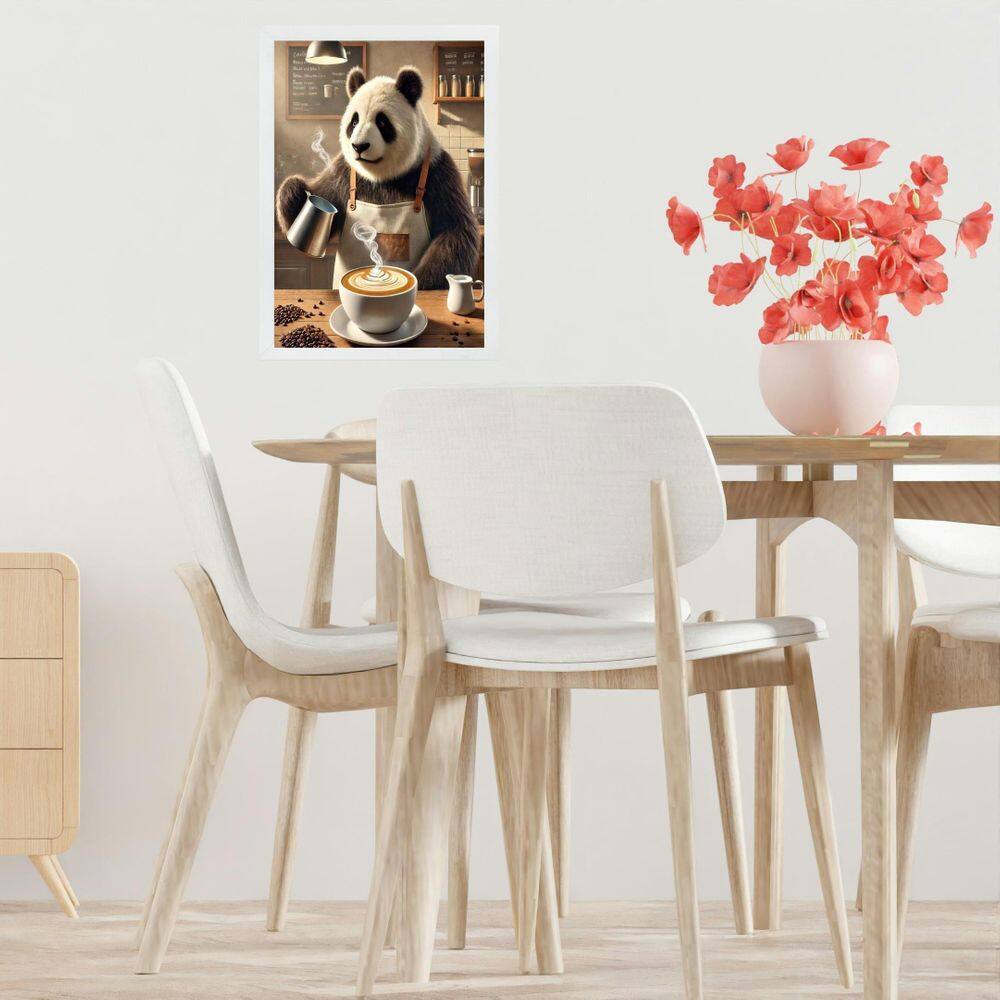Quadro Decorativo Panda Fazendo Café 33X24Cm - Com Vidro