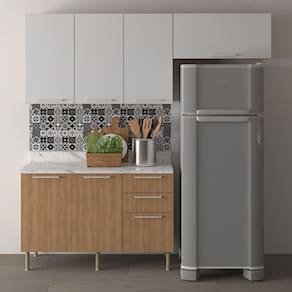 Cozinha Compacta 200cm 4 Peças, 6 Portas e 3 Gavetas Freijó/Branco