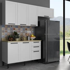 Cozinha Internacional 200cm 3 Peças, 6 Portas e 3 Gavetas Branco