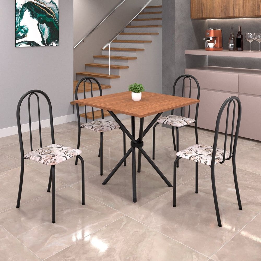 Conjunto de Mesa Tubular 70x70cm Tampo em Mdf com 4 Cadeiras Ane B Arabesco/Preto