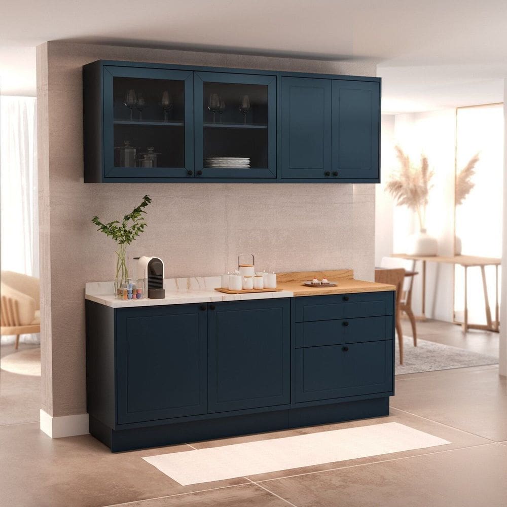 Cozinha Compacta 4 Peças 6 Portas 3 Gavetas 1 Tampo Sevilha Azul Órion