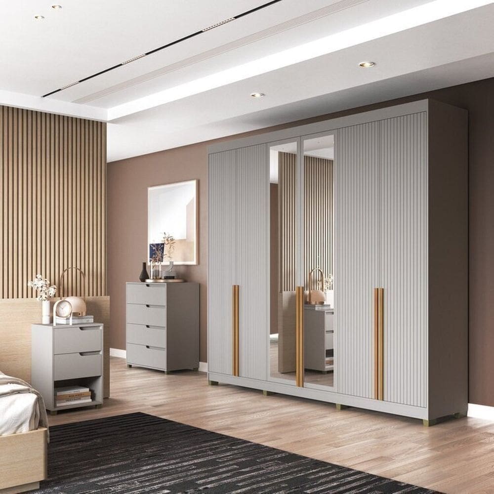 Quarto Casal Completo com Guarda-Roupa Newton 6 Portas, 1 Cômoda e 2 Mesas de Cabeceira Cinza / Marrom