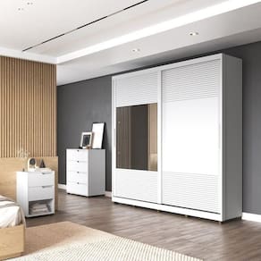 Quarto Casal com Guarda-Roupa 2 Portas de Correr, 1 Cômoda e 2 Mesas de Cabeceira Malthus Branco
