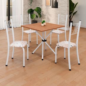 Conjunto de Mesa Tubular 70x70cm Tampo em Mdf 4 Cadeiras Sara Botanic Bege / Branco