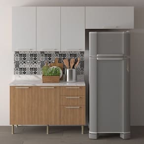Cozinha Compacta 200cm 3 Peças, 6 Portas e 3 Gavetas Freijó/Branco