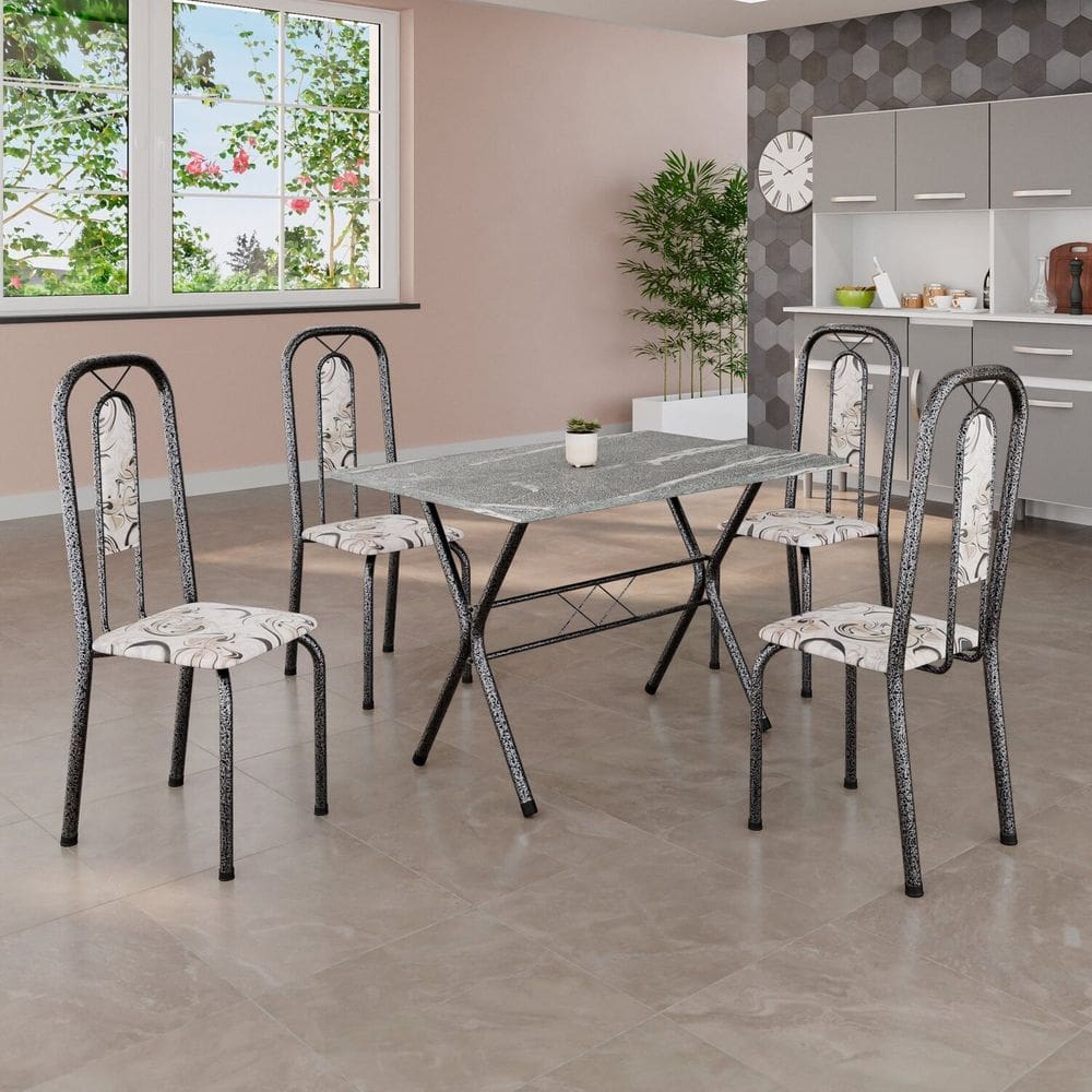 Conjunto de Mesa Tubular 100x60cm Tampo em Granito com 4 Cadeiras Lívia Arabesco/ Mart Prata