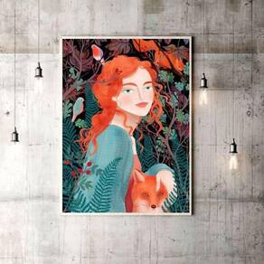 Quadro Menina Com Raposa 33X24Cm - Com Vidro Moldura Branca