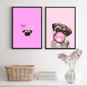 Kit 2 Quadros I Love Pugs 24X18Cm Com Vidro - Madeira Preta