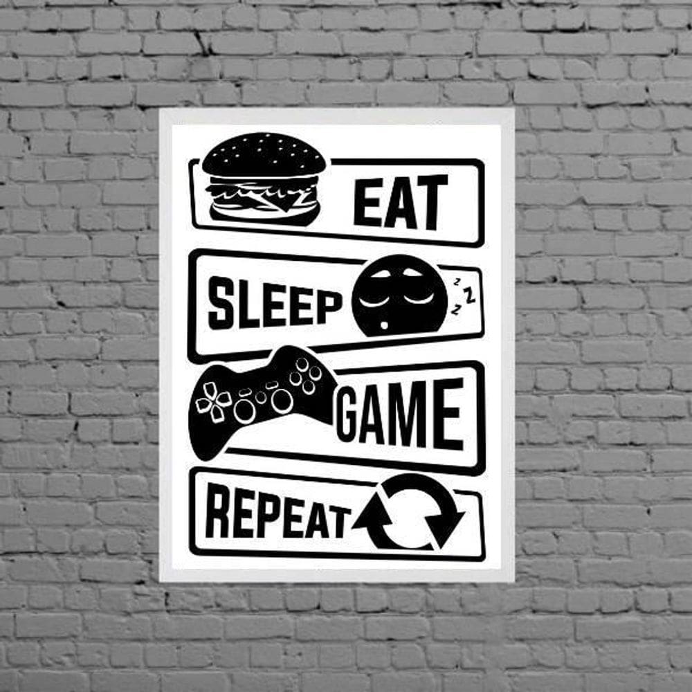 Quadro Eat Sleep Game Repeat 33X24Cm Moldura Branca