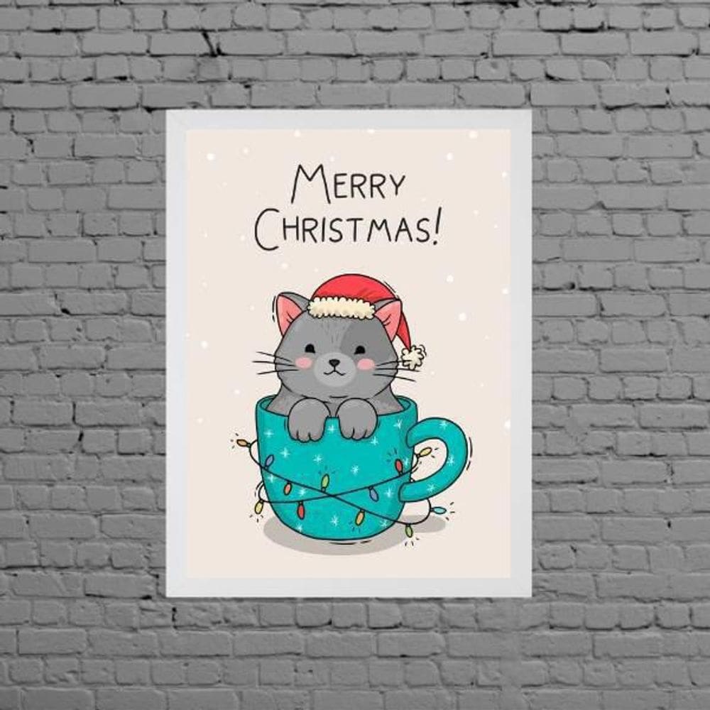 Quadro Decorativo Gatinho Merry Christmas 45X34Cm - Branca