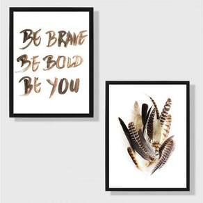 Kit 2 Quadros Be Brave Be Bold Penas 33x24cm - Vidro