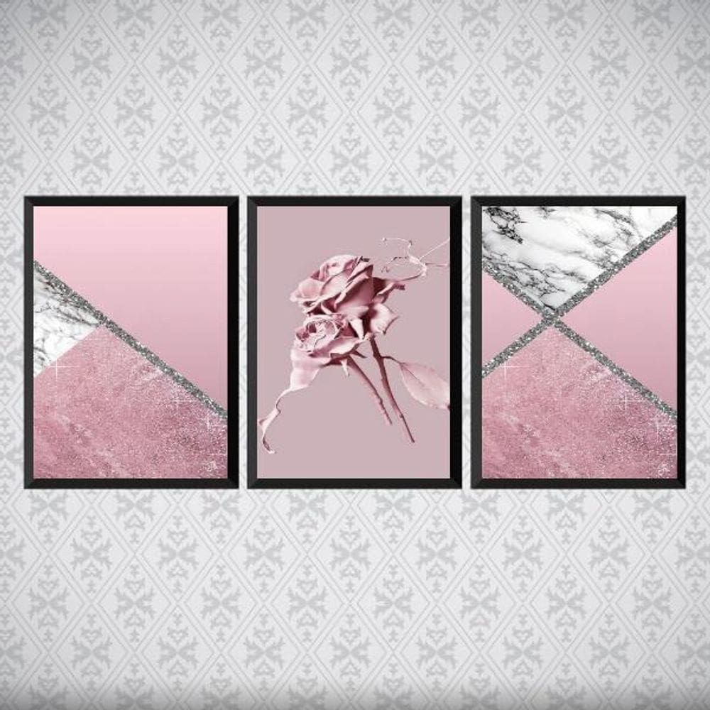Kit 3 Quadros Flores Rosas Mármore 24X18Cm