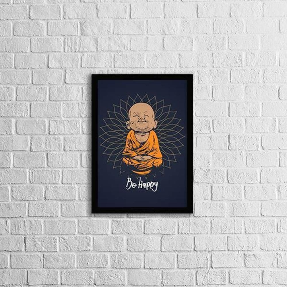 Quadro Decorativo Buda Baby Be Happy 45X34Cm Com Vidro Preta