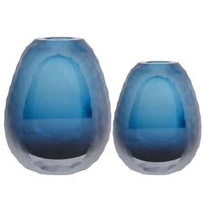 Kit 2 Vaso Oval Vidro Murano Italiano Médio E Pequeno Azul