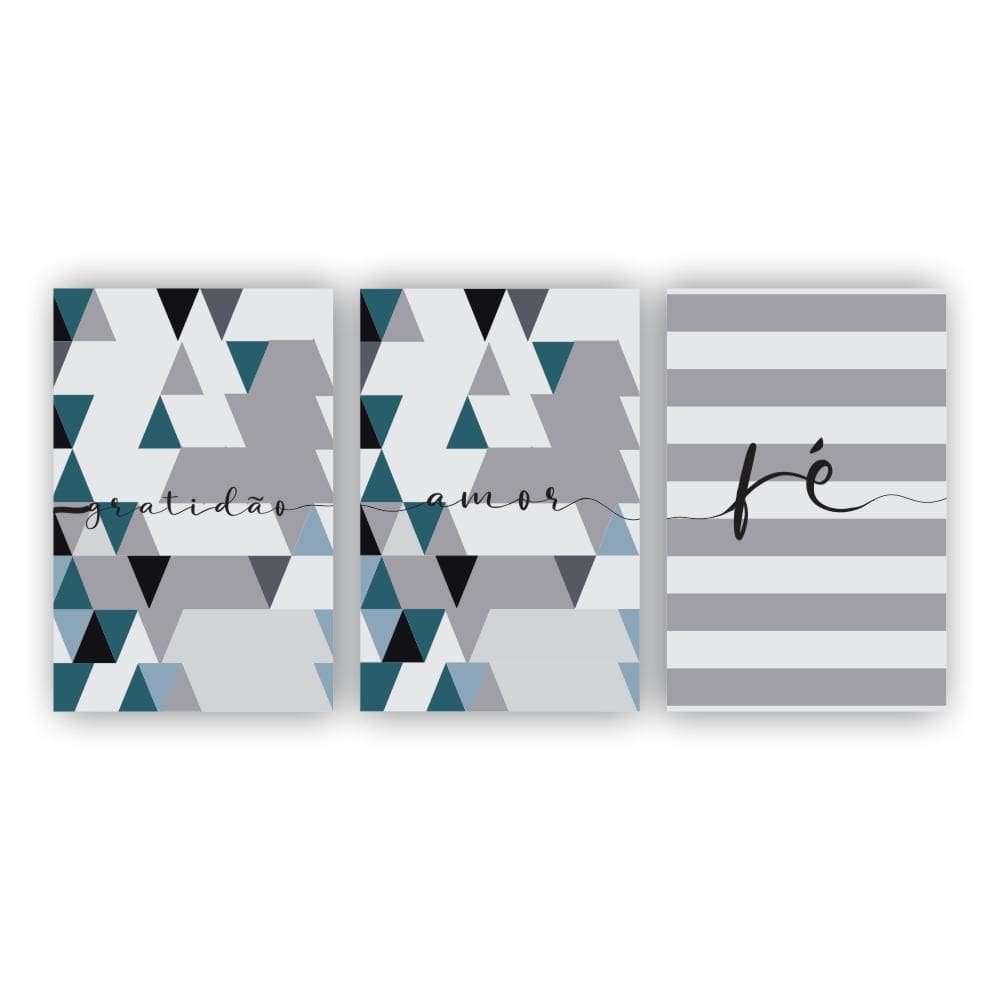 Kit Quadros 3 Pçs Religioso Gratidão Amor Fé Triangulos