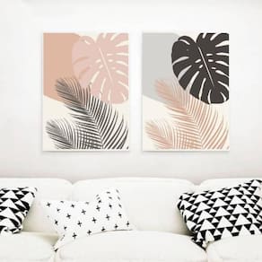 Kit 2 Quadros Folhagens Rosa E Cinza 24X18 Com Vidro Branca