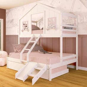 Treliche Casal/ Solteiro Casinha dos Sonhos Kit Escada/ Escorregador Madeira Maciça Branco/ Rosa Megamobilia
