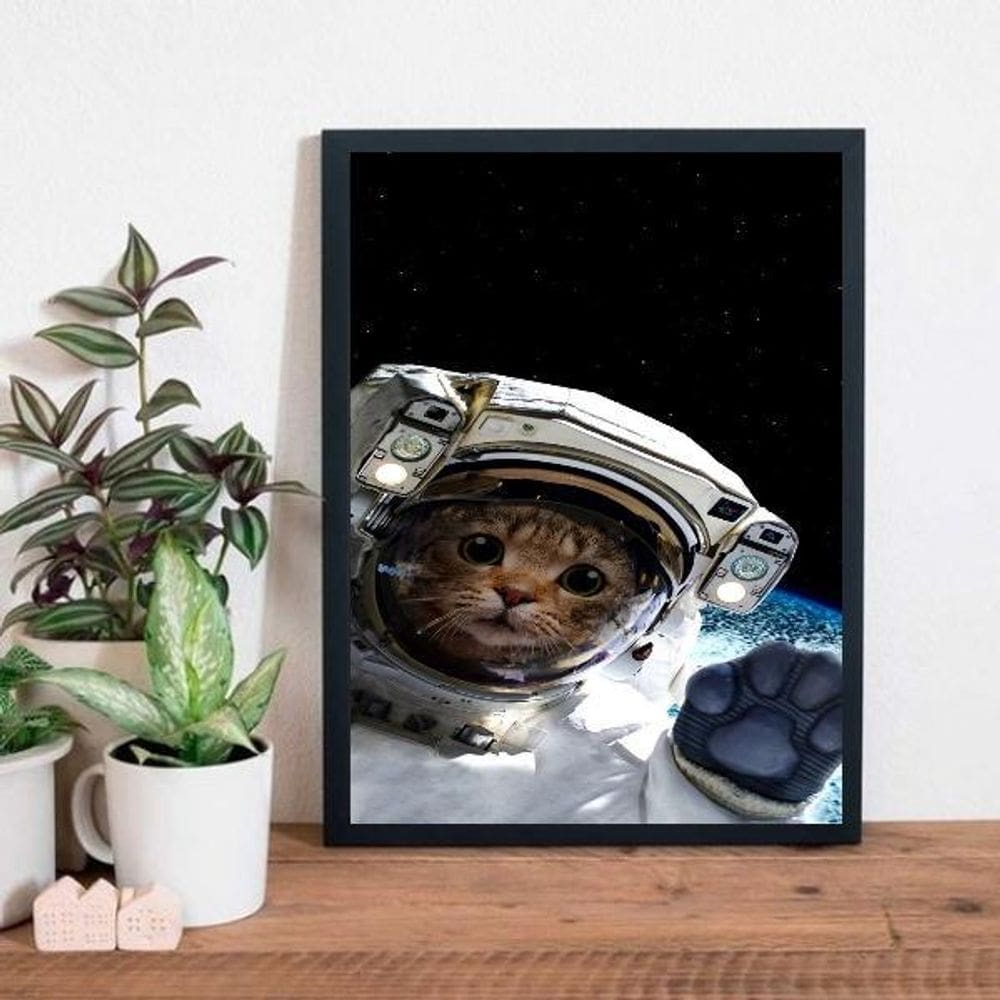 Quadro Decorativo Gatinho Astronauta 33X24 Com Vidro - Preta
