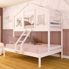 Beliche Casal/ Solteiro Casinha dos Sonhos Madeira Maciça Branco/ Rosa Megamobilia