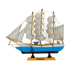 Miniatura Barco Navio Veleiro Madeira Casco Azul 26x5x29cm