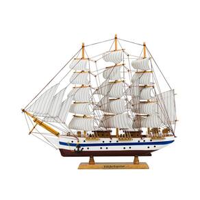 Miniatura Barco Navio Veleiro Madeira Casco Branco Base Marrom 47x10x57cm