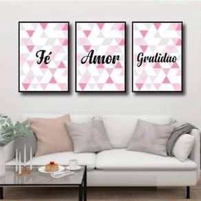 Kit 3 Quadros Fé, Amor, Gratidão Geométrico 33X24Cm Preta