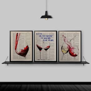 Kit 3 Quadros Vinhos Life Is Too Short 24X18Cm - Com Vidro