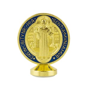 Medalhão São Bento Dourado Azul Metal Uso Carro 5.5cm