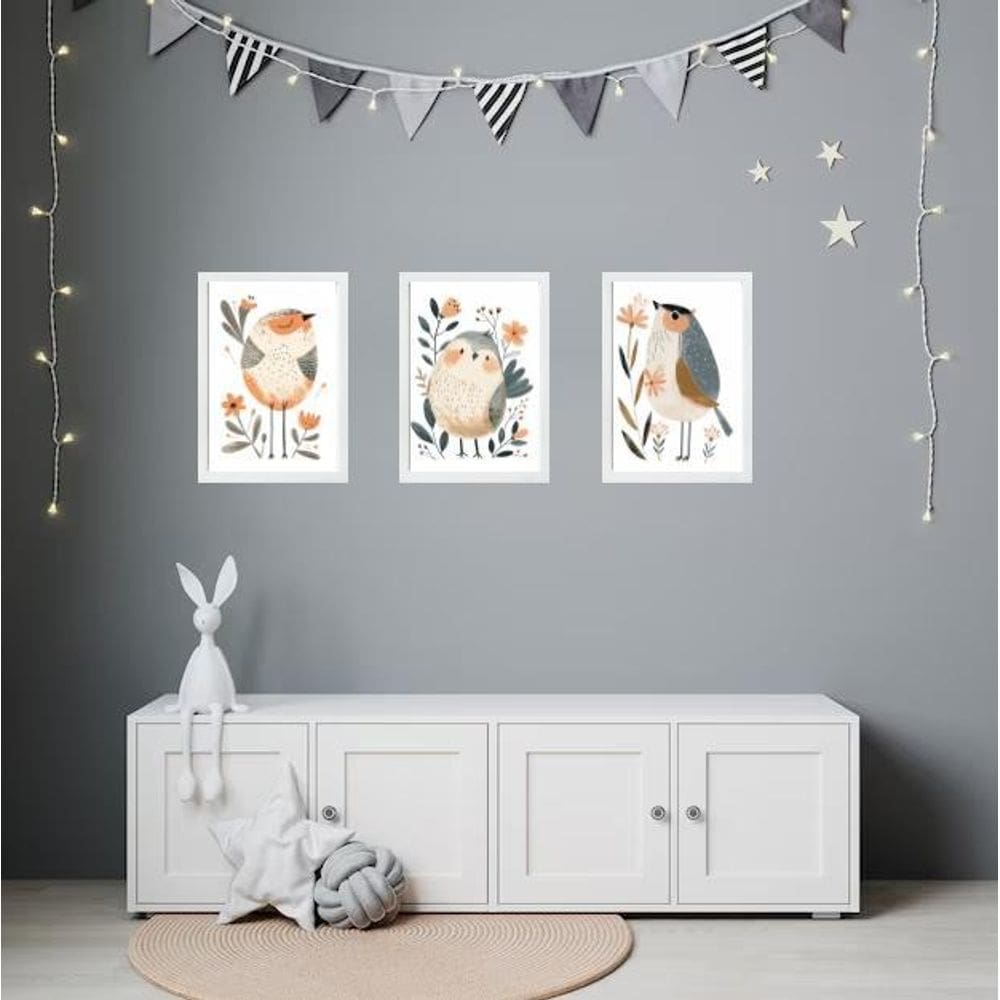 Kit 3 Quadros Quarto Infantil Tema Passarinhos 33X24Cm