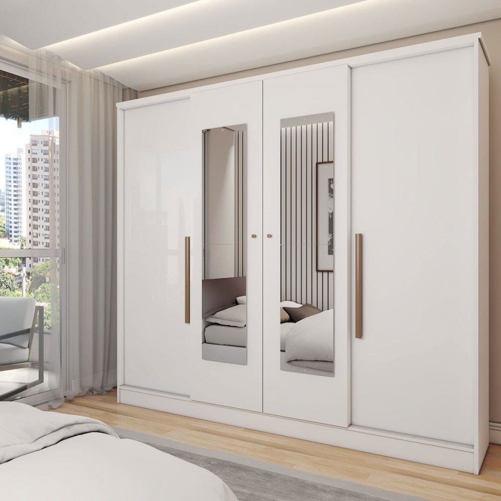 Guarda-Roupa Solteiro Adam 4 Portas 2 Gavetas com Espelho Branco - Panorama Móveis