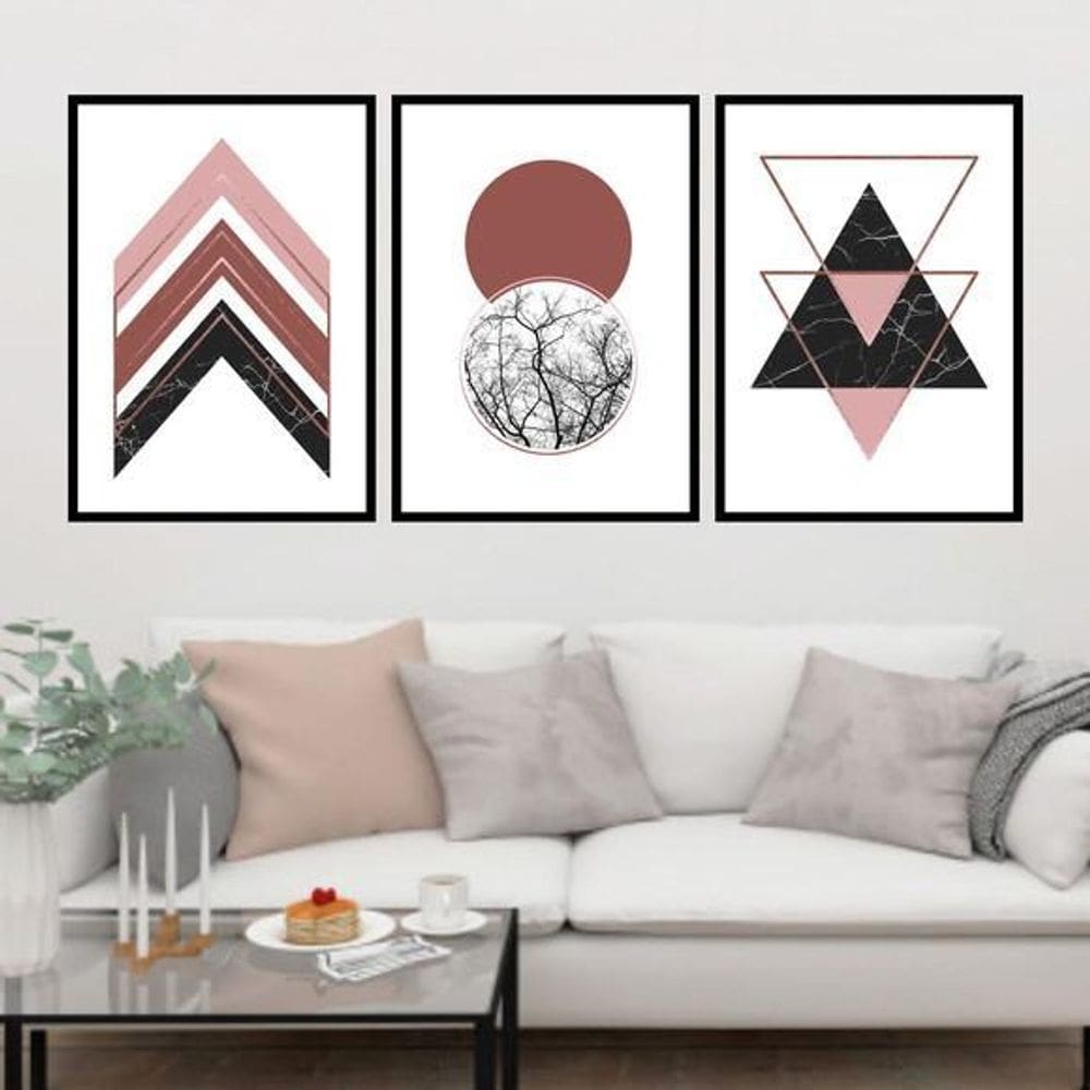 Quadros Geométrico Rosa E Gold Moldura Preta 24X18Cm 3 Peças