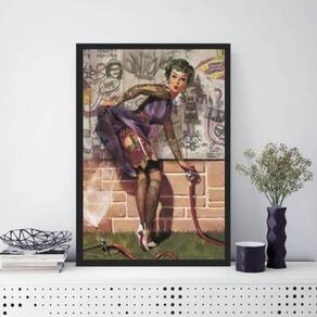 Quadro Decorativo Pin Up Tatuada 33X24 C/Vidro Madeira Preta
