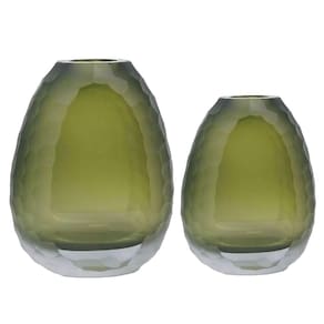 Kit 2 Vaso Oval Vidro Murano Italiano Médio E Pequeno Verde