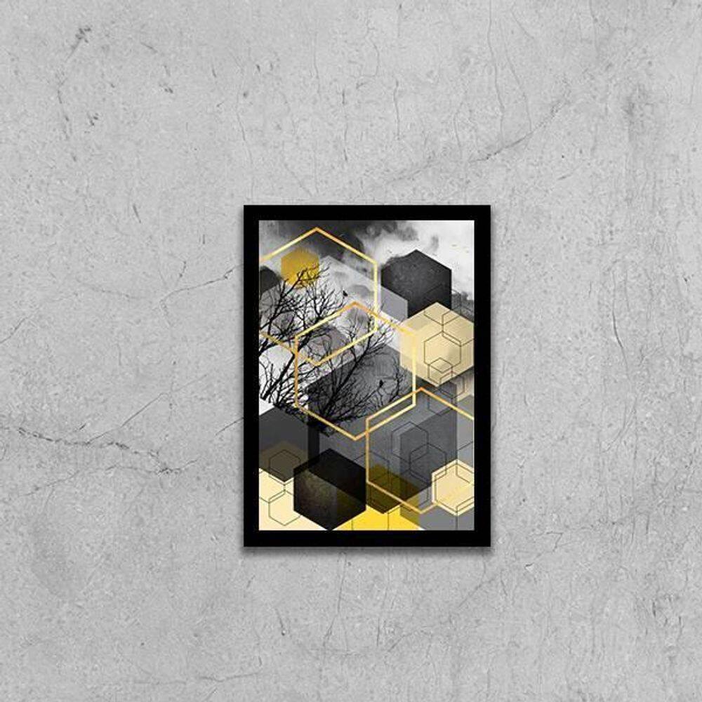 Quadro Geométrico Hexágonos 33X24Cm - Vidro Moldura Preta
