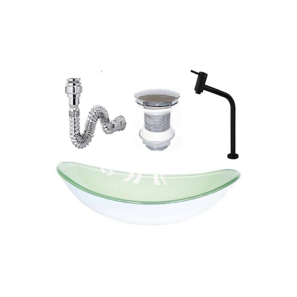 Cuba De Vidro Oval Branca + Valvula + Torneira Preta + Sifao