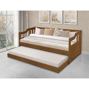 Sofa Cama Solteiro De Madeira Com Cama Auxiliar + 2 Colchões - Imbuia - Marrom