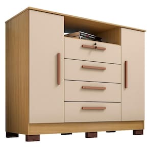 Comoda Rack 2 Portas 4 Gavetas Madri 121 Cm Carvalho Am Off White Incp