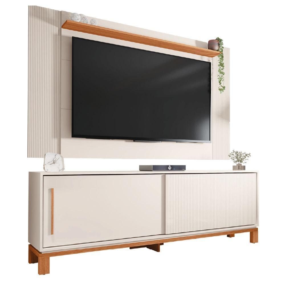 Rack Bancada Com Painel Para Tv Até 65 Polegadas 1,80m Ripado Impressão 3D 2 Portas Dubai Madeirado Madeir/off