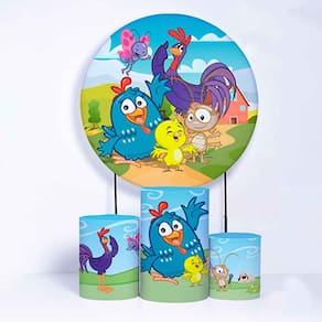 Kit Painel de Festa Redondo de 1,80m e Trio de Cilindros Galinha Pintadinha - Fera Print